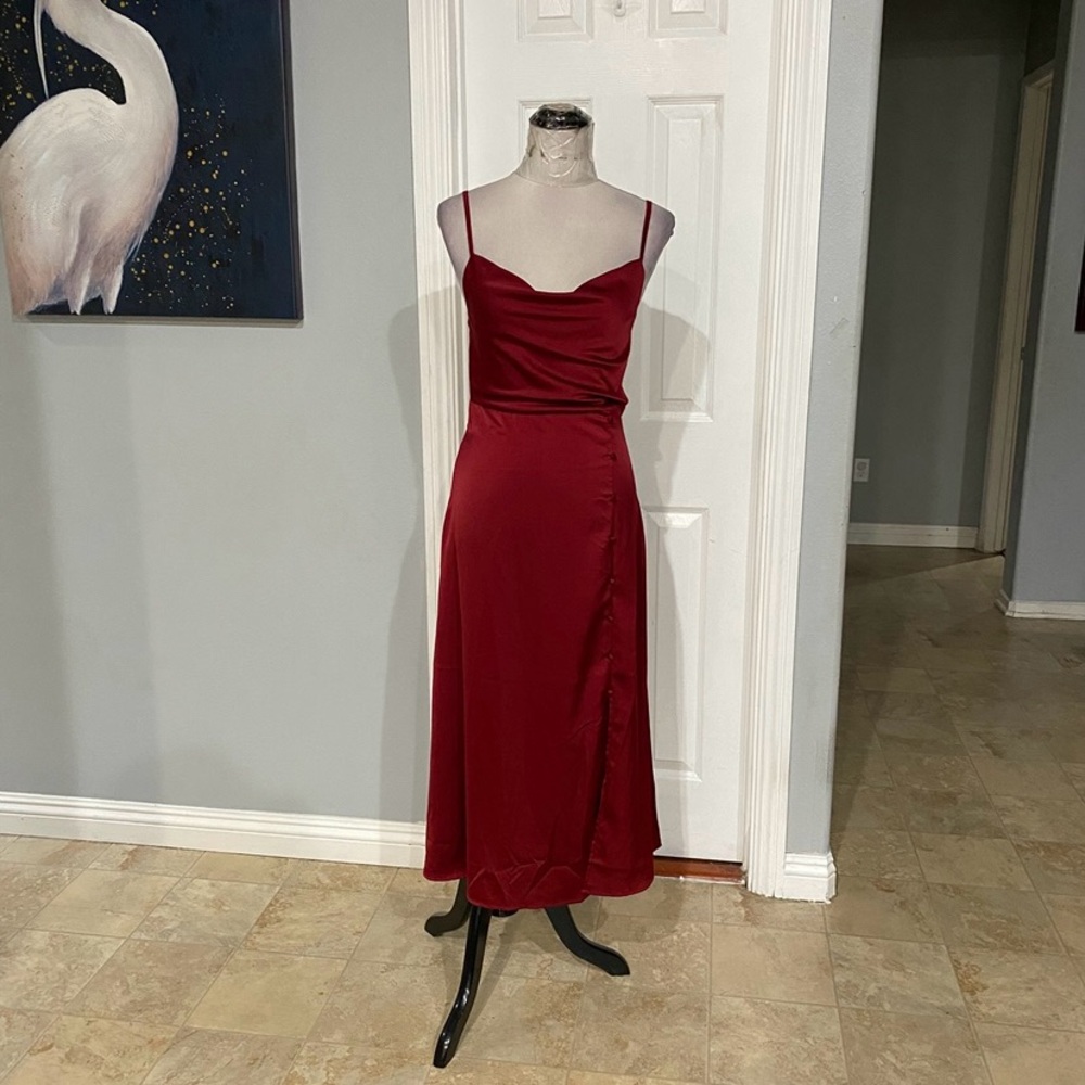 New Women Small Deep Red Satin Cowl-neck slip Midi Dress